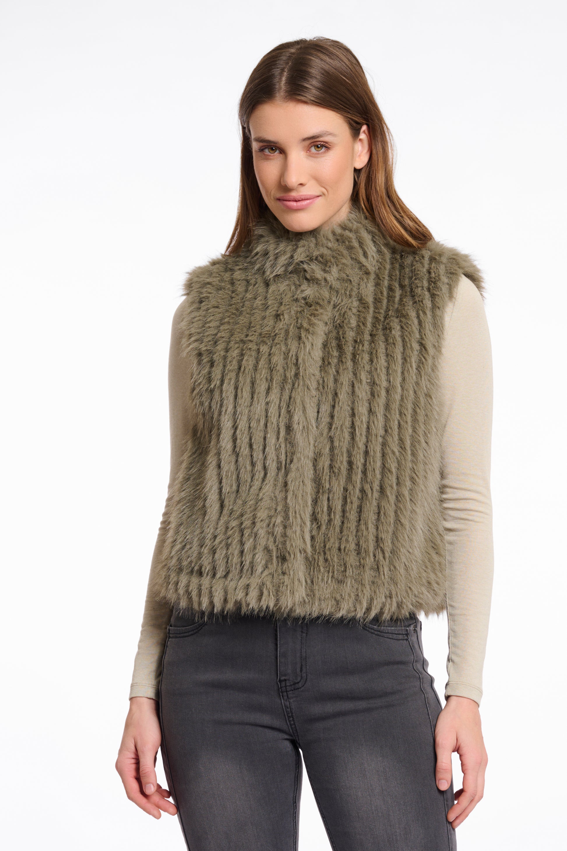 dark green faux fur gilet with high round neck and stripe detailing with central closure 