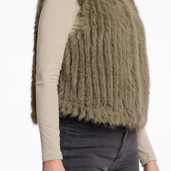 dark green faux fur gilet with high round neck and stripe detailing with central closure  side view