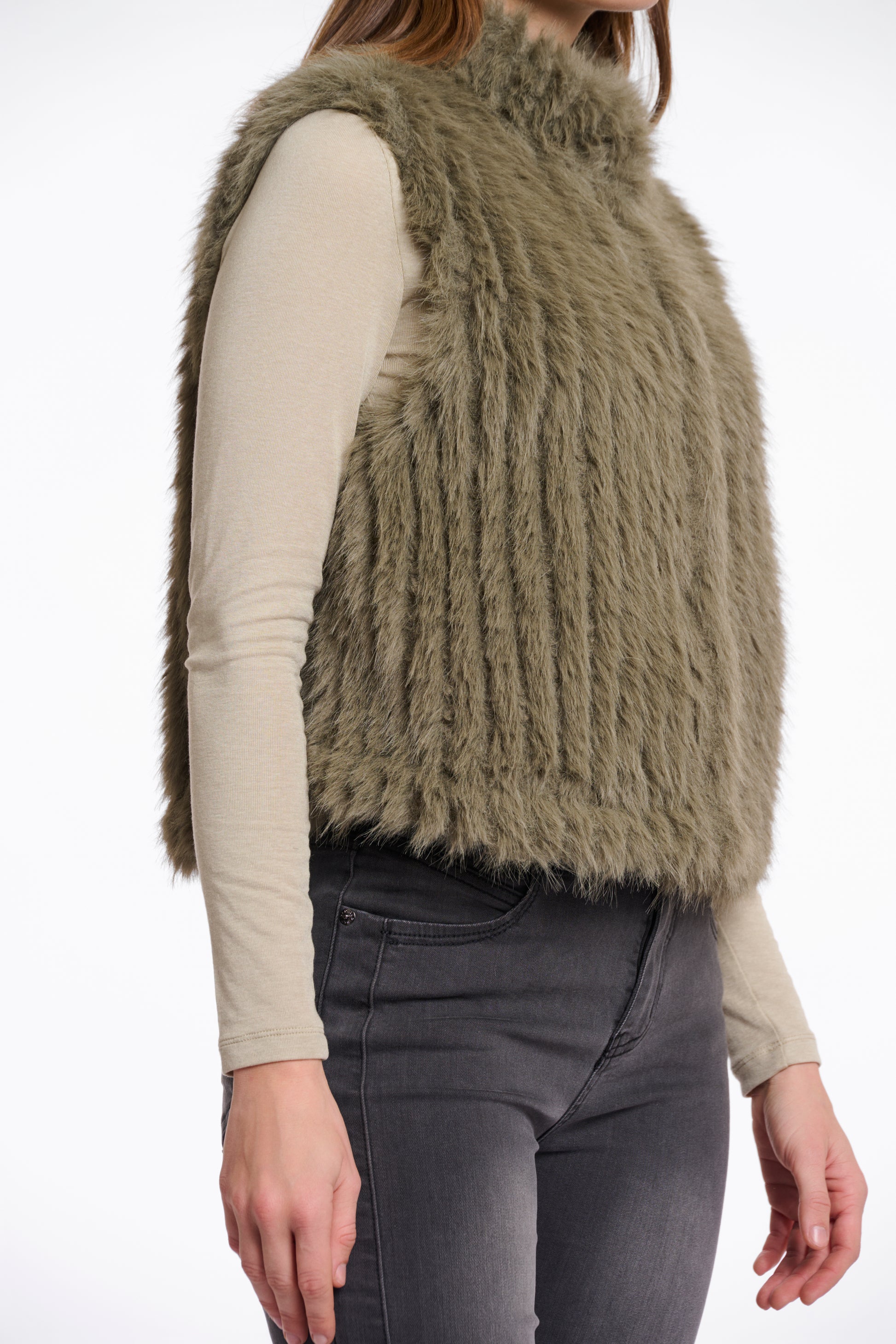 dark green faux fur gilet with high round neck and stripe detailing with central closure  side view
