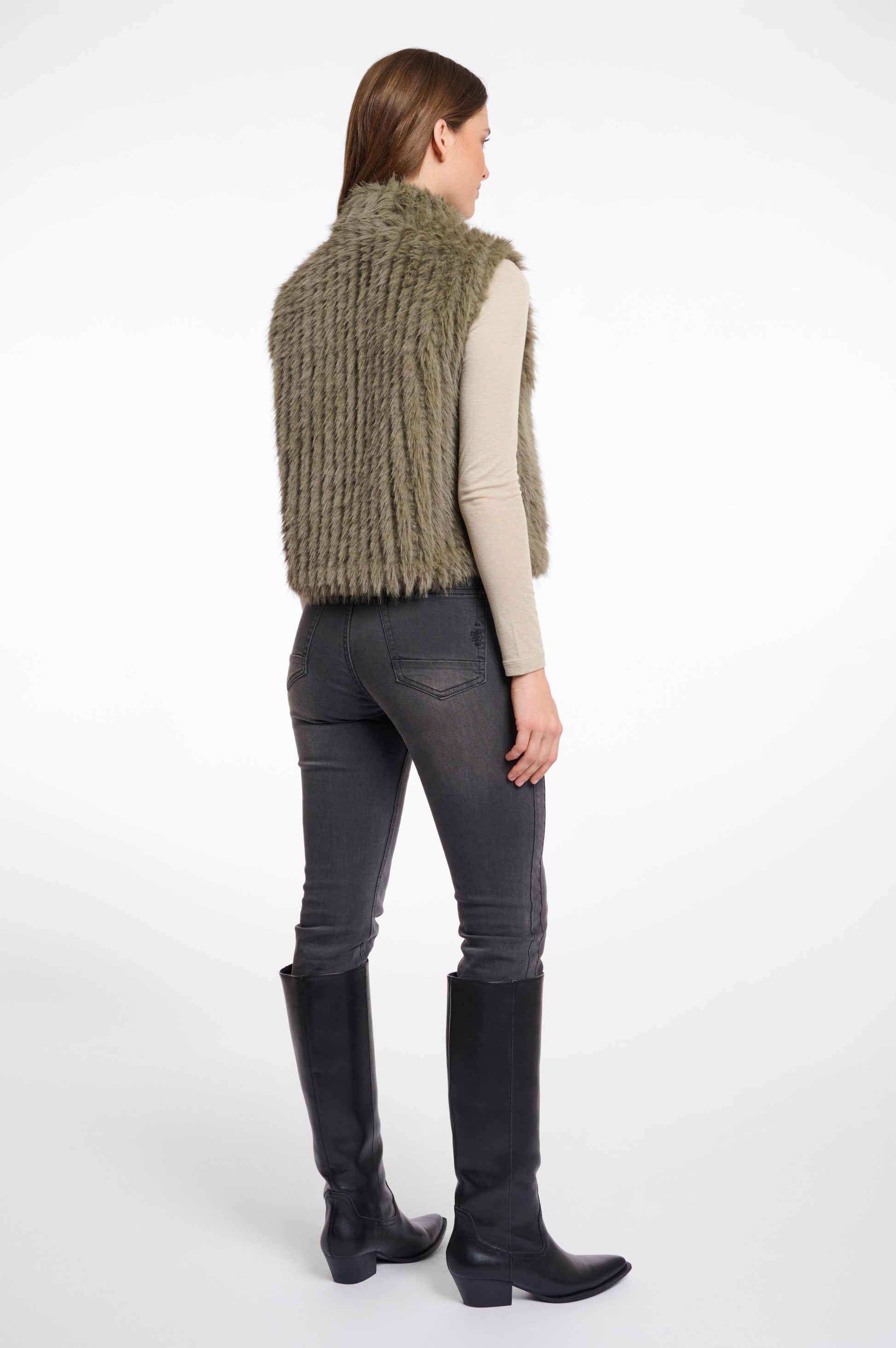 dark green faux fur gilet with high round neck and stripe detailing with central closure  rear view