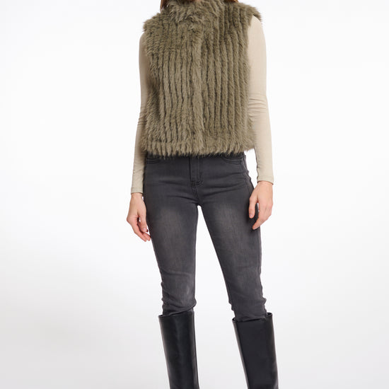 dark green faux fur gilet with high round neck and stripe detailing with central closure model shot