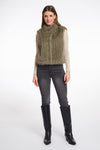dark green faux fur gilet with high round neck and stripe detailing with central closure model shot
