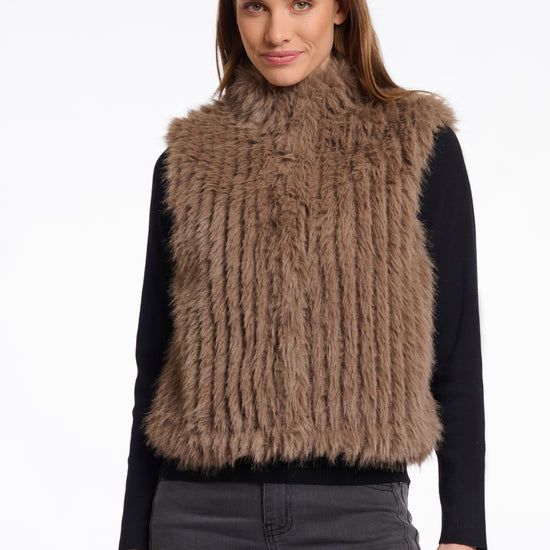 brown faux fur gilet with high round neck and stripe detailing with central closure 
