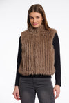 brown faux fur gilet with high round neck and stripe detailing with central closure 