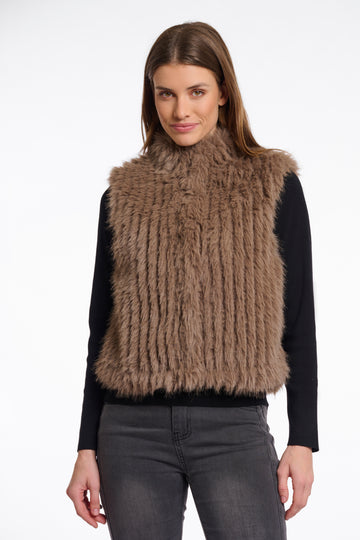brown faux fur gilet with high round neck and stripe detailing with central closure 