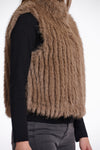brown faux fur gilet with high round neck and stripe detailing with central closure side view