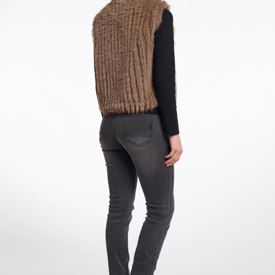 brown faux fur gilet with high round neck and stripe detailing with central closure rear view