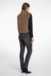 brown faux fur gilet with high round neck and stripe detailing with central closure rear view