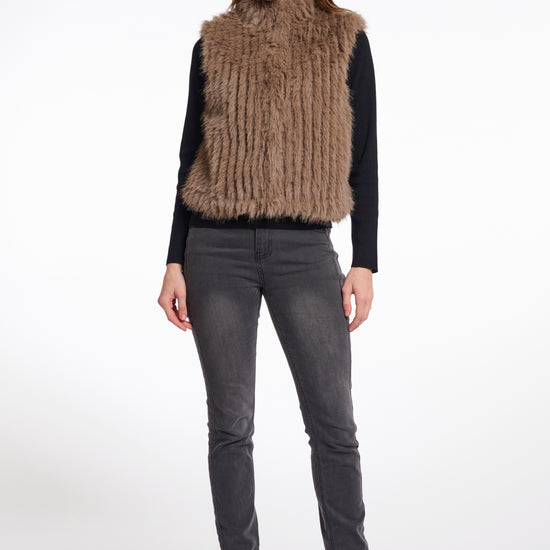 brown faux fur gilet with high round neck and stripe detailing with central closure model shot