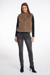 brown faux fur gilet with high round neck and stripe detailing with central closure model shot