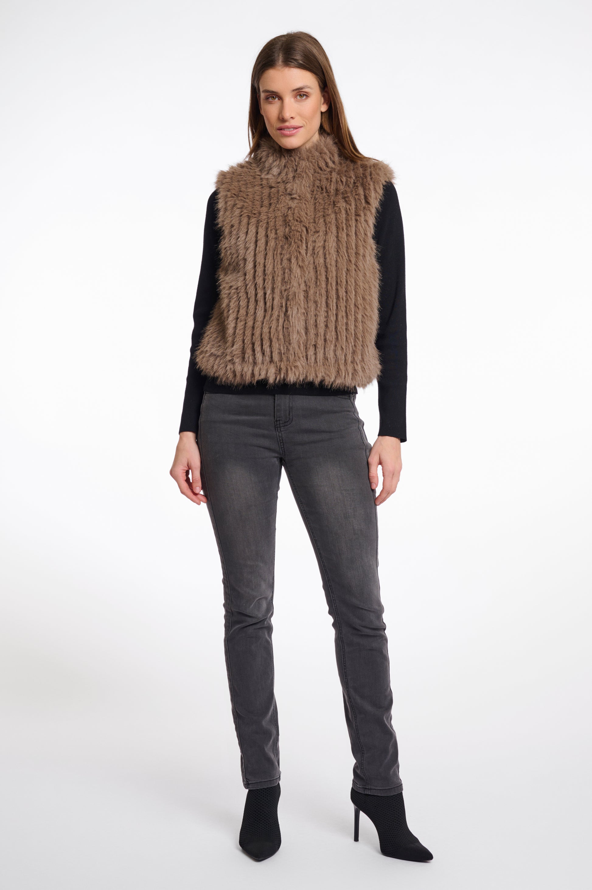 brown faux fur gilet with high round neck and stripe detailing with central closure model shot