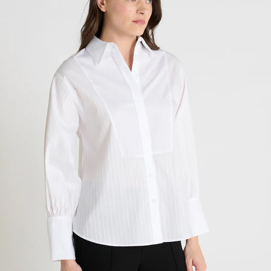 white classic shirt with concealed placket, curved hem and stitch detailing