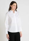 white classic shirt with concealed placket, curved hem and stitch detailing