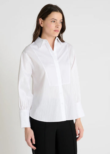 white classic shirt with concealed placket, curved hem and stitch detailing