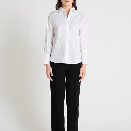 white classic shirt with concealed placket, curved hem and stitch detailing model shot