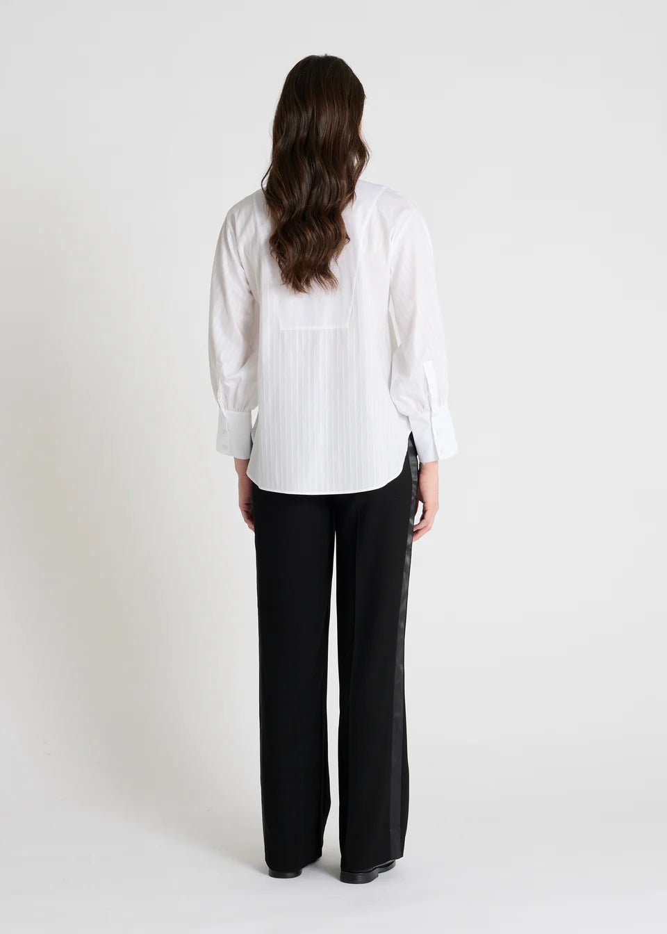 white classic shirt with concealed placket, curved hem and stitch detailing rear view