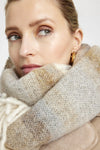 beige, brown and white striped wool scarf with tassels  close up