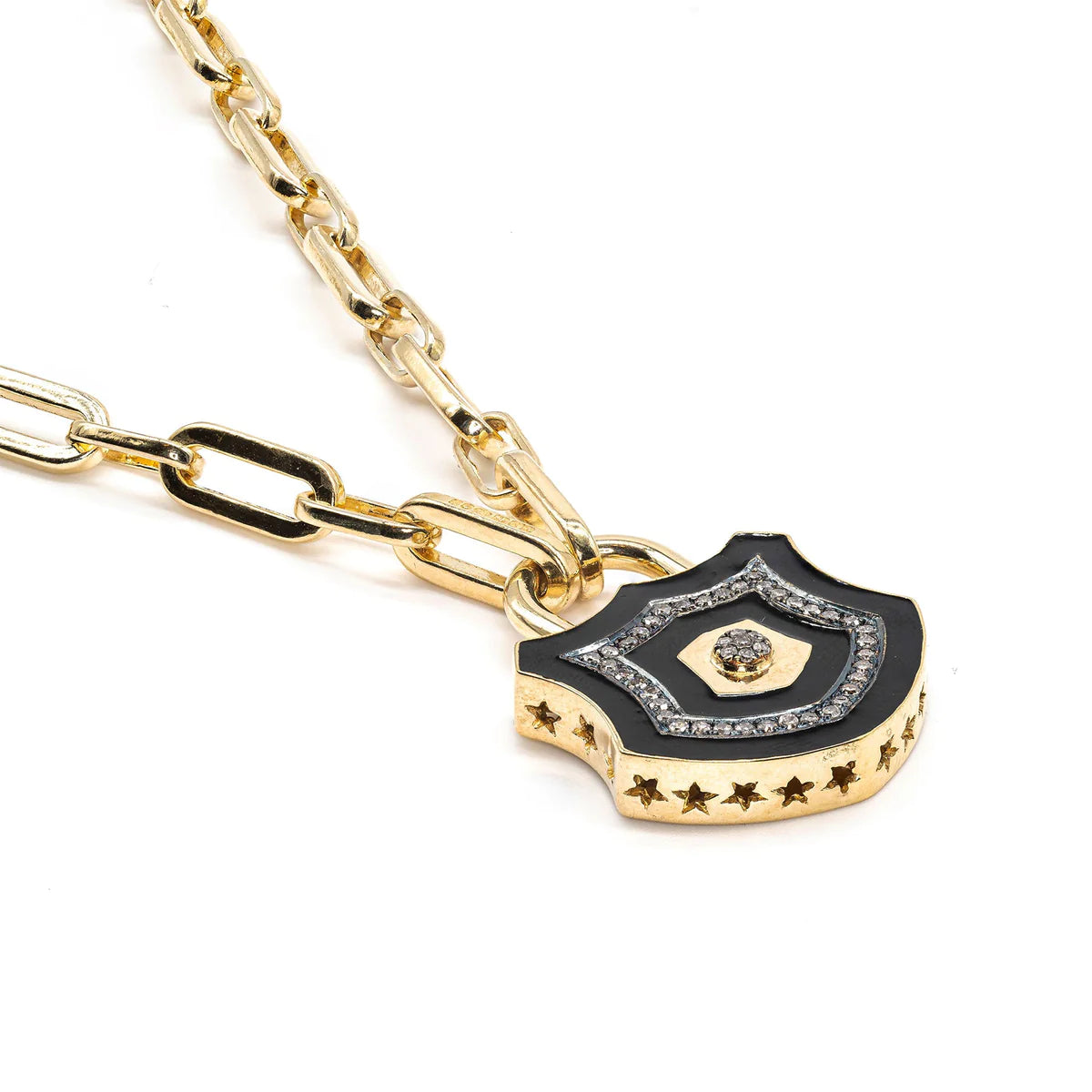 Black enamel lock with diamonds on a chunky gold chain