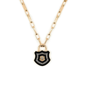 Black enamel lock with diamonds on a chunky gold chain