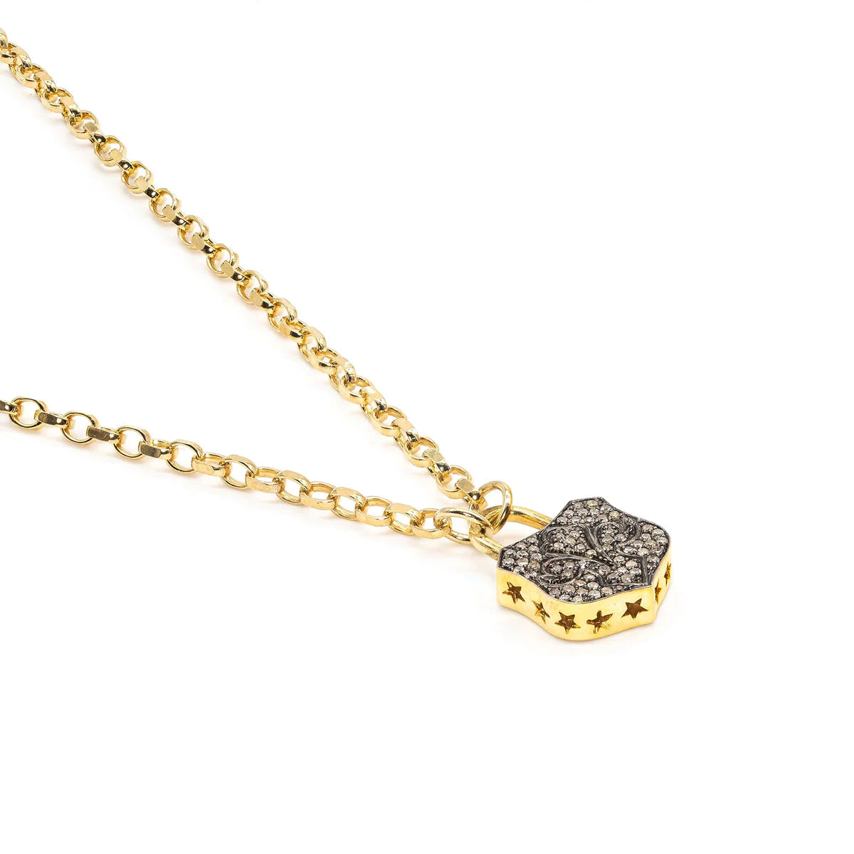 Gold and diamond chunky lock necklace on gold belcher chain