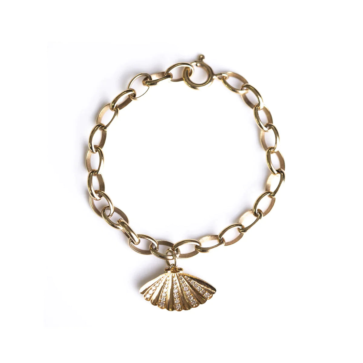 Chunky gold bracelet with pave diamond gold plated fan pendant