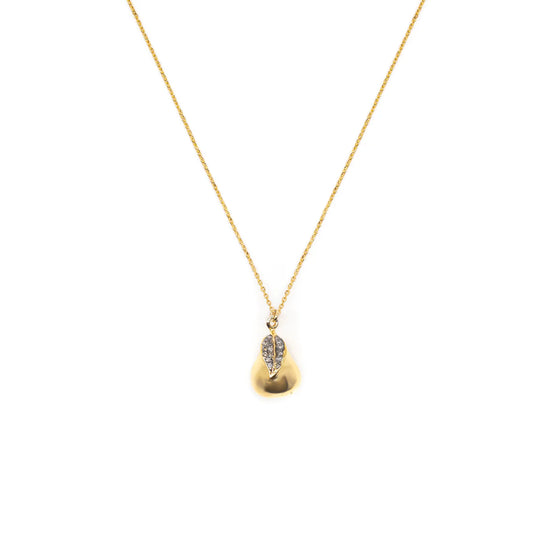 Gold pear pendant necklace on a dainty gold chain with pave diamond leaf