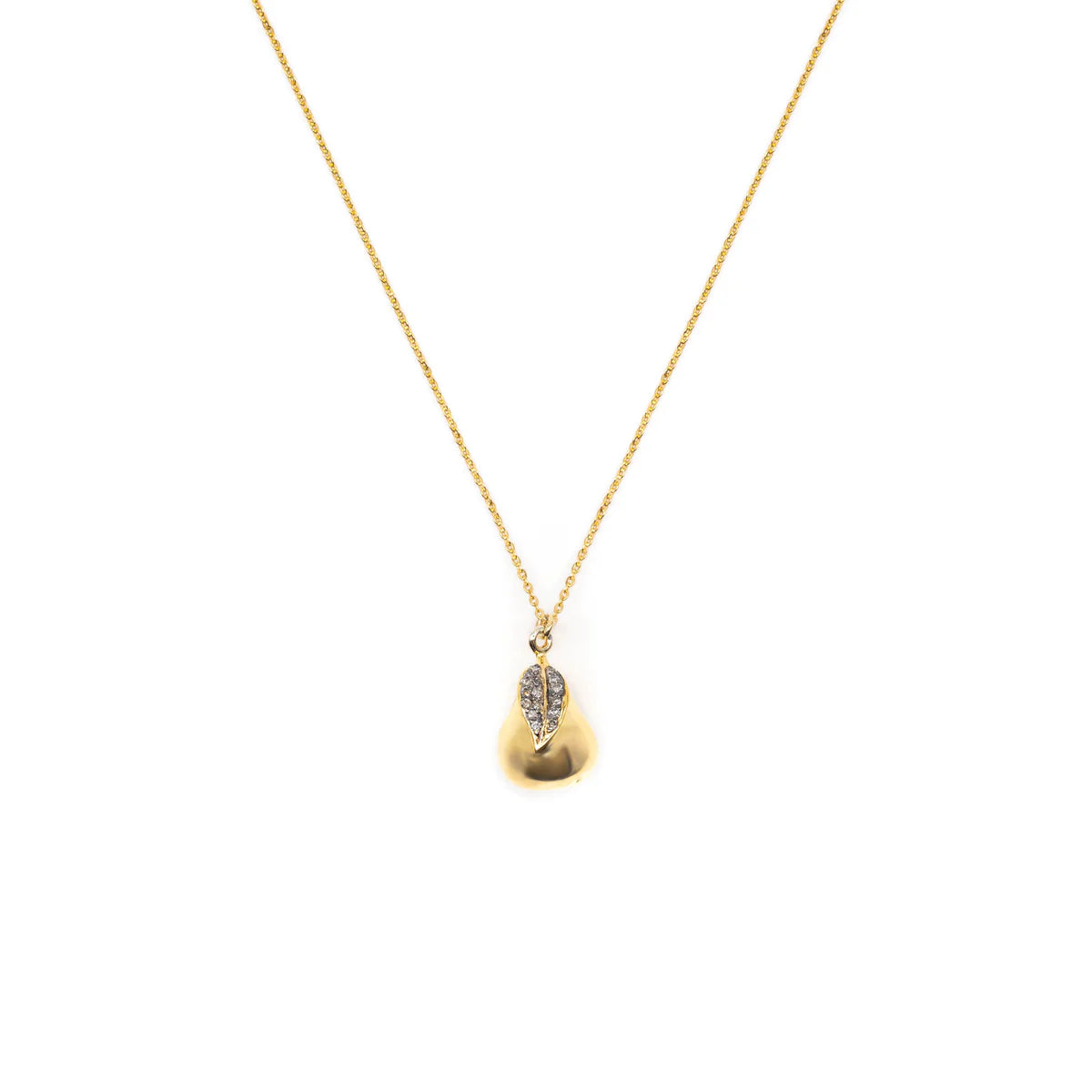 Gold pear pendant necklace on a dainty gold chain with pave diamond leaf