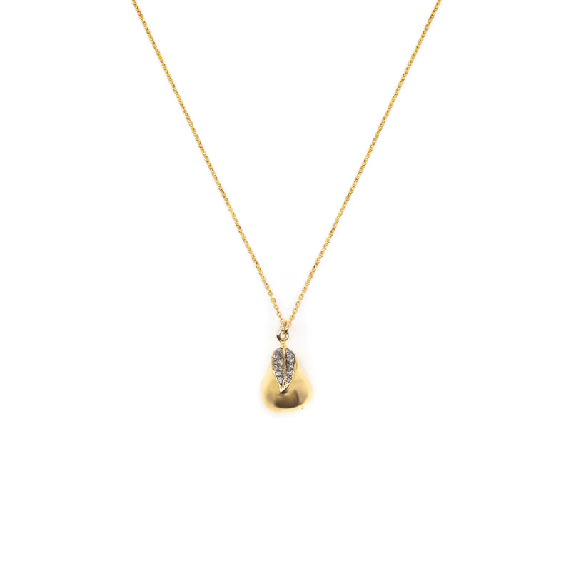 Gold pear pendant necklace on a dainty gold chain with pave diamond leaf
