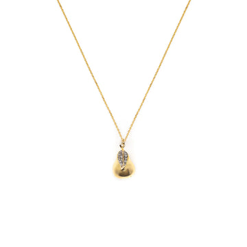 Gold pear pendant necklace on a dainty gold chain with pave diamond leaf