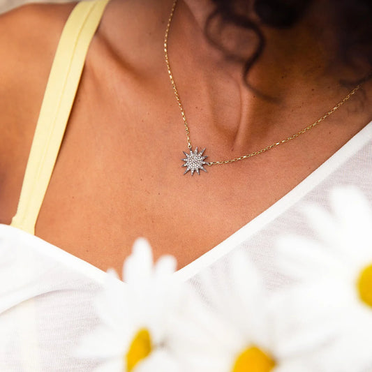 Gold chain with oxidised sterling silver starburst pendant with pave diamonds