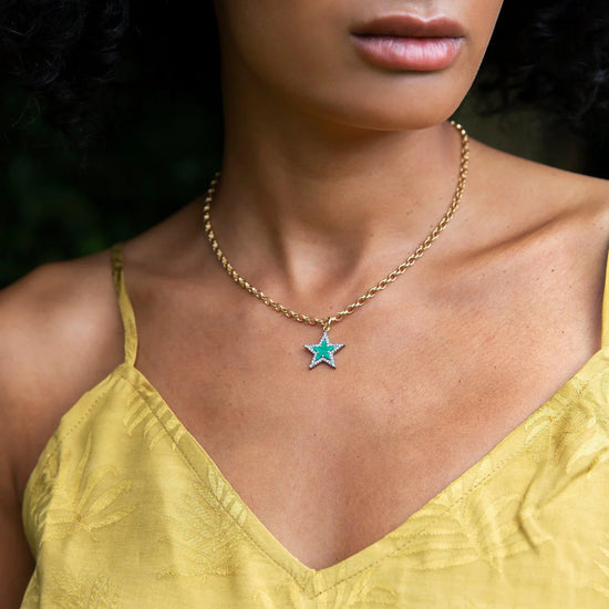 Green malachite star pendant necklace with pave diamond surroundings and a gold plated belcher chain