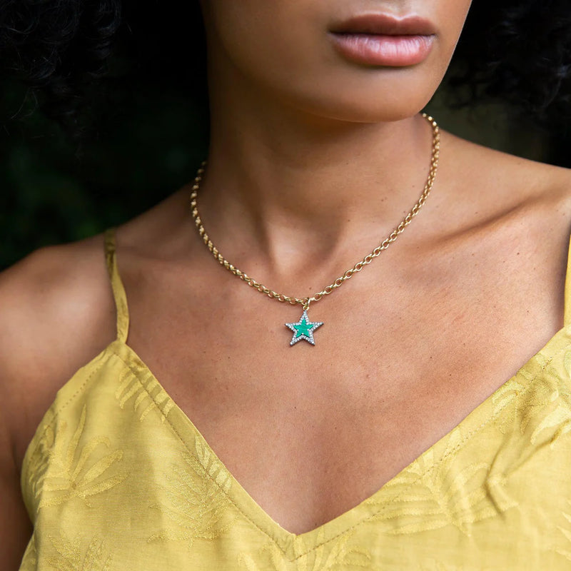 Green malachite star pendant necklace with pave diamond surroundings and a gold plated belcher chain
