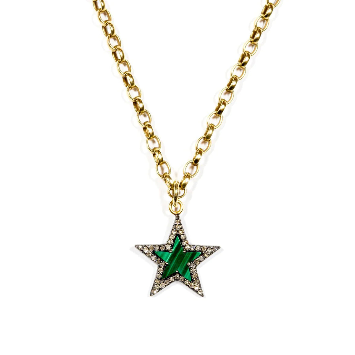 Green malachite star pendant necklace with pave diamond surroundings and a gold plated belcher chain