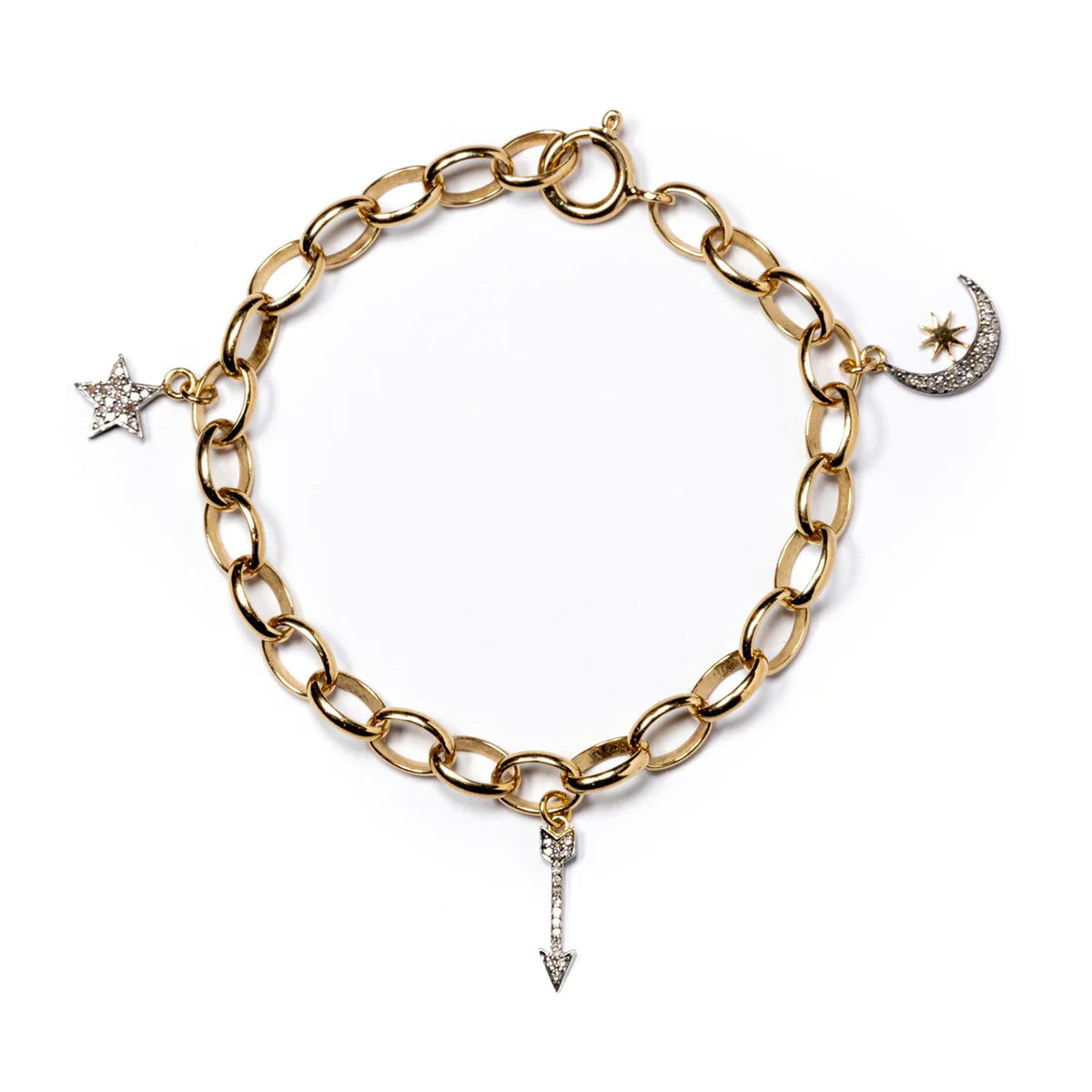 Gold pendant bracelet with oval belcher chain and pave diamond star arrow and moon pendants