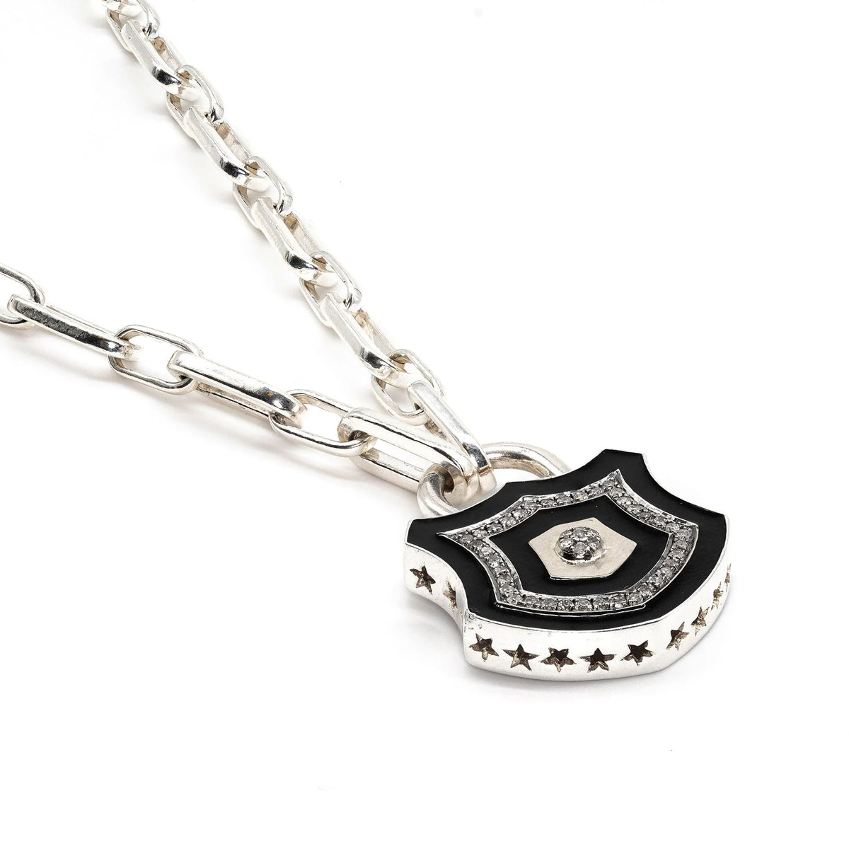 Chunky silver chain with black enamel lock with diamond details