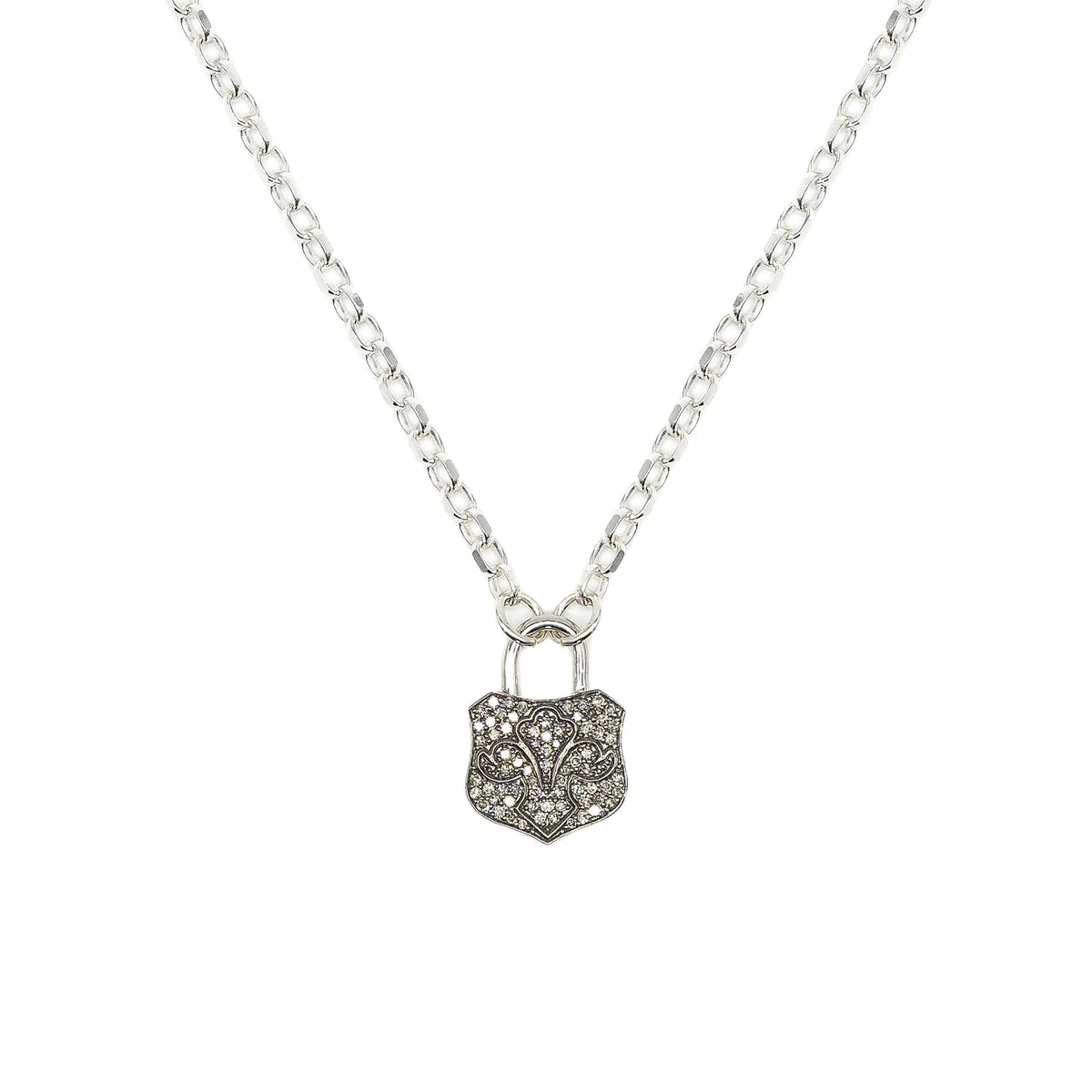 Sterling silver chain with pave diamonds and sterling silver lock pendant