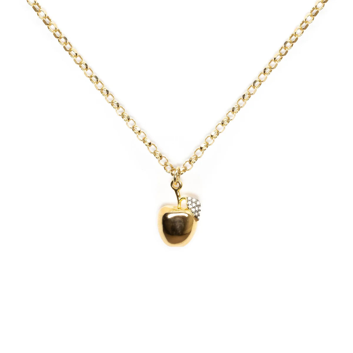 Gold apple pendant necklace on diamond cut chain with pave diamond leaf