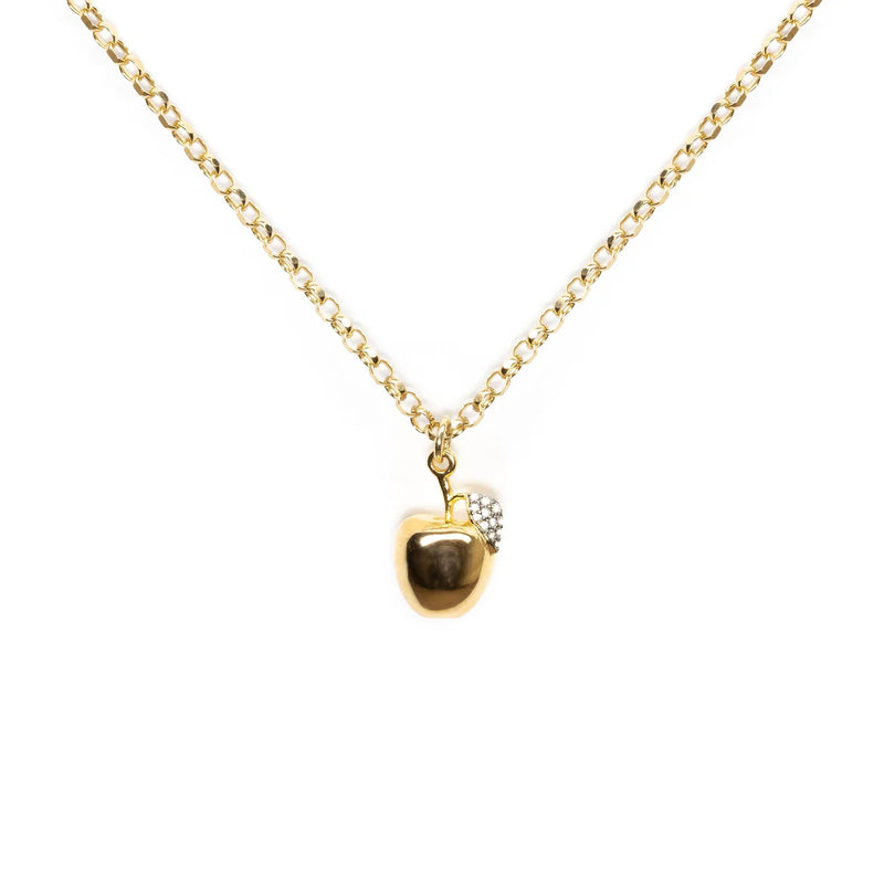 Gold apple pendant necklace on diamond cut chain with pave diamond leaf