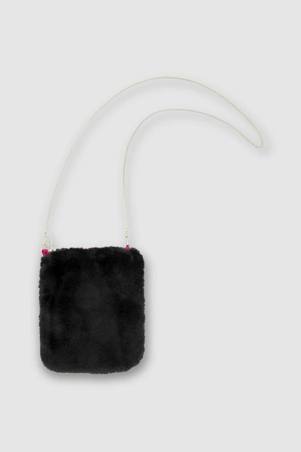Small black faux fur shoulder bag with silver metallic cord detachable strap