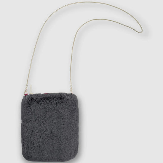 Small grey faux fur shoulder bag with silver metallic cord detachable strap