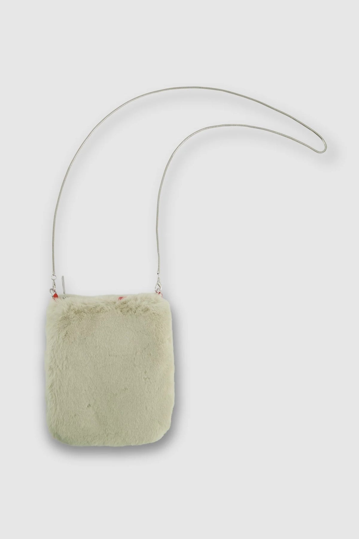 Small light green faux fur shoulder bag with silver metallic cord detachable strap