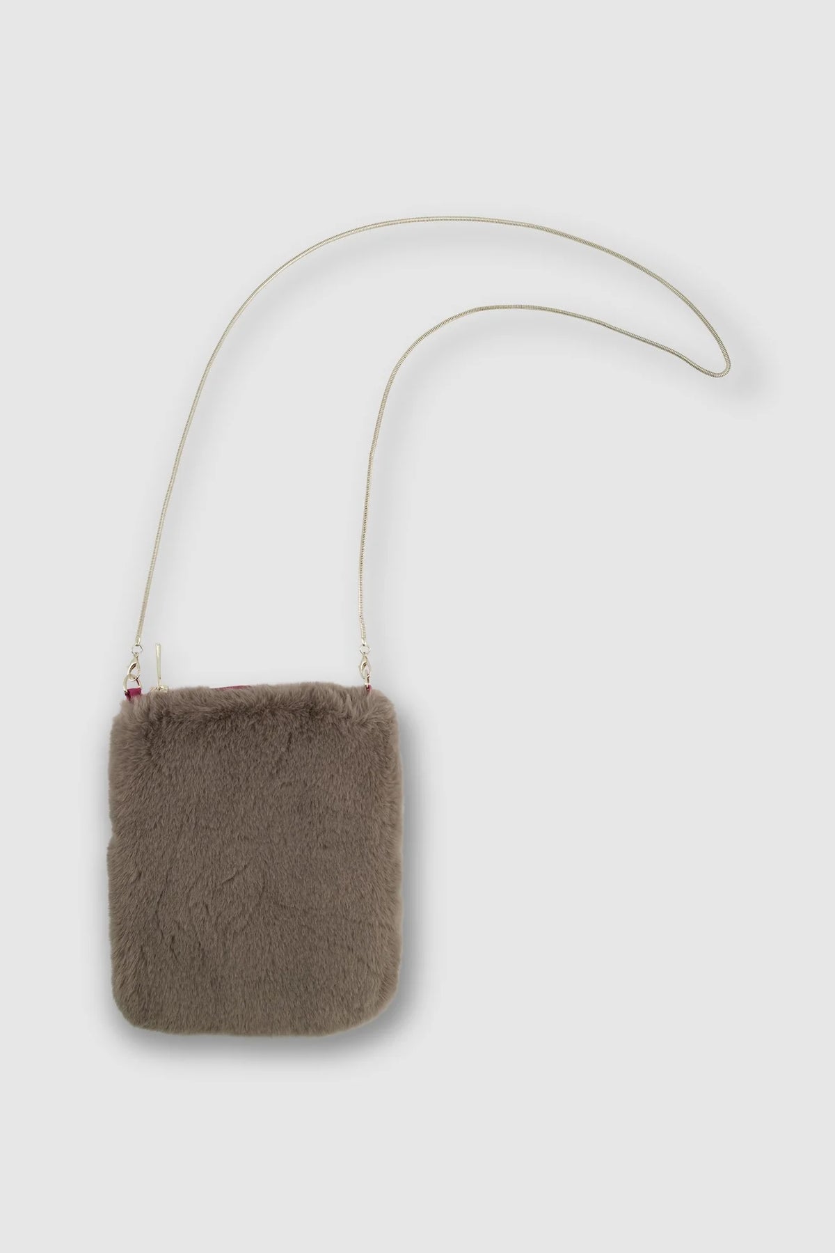 Small light taupe faux fur shoulder bag with silver metallic cord detachable strap