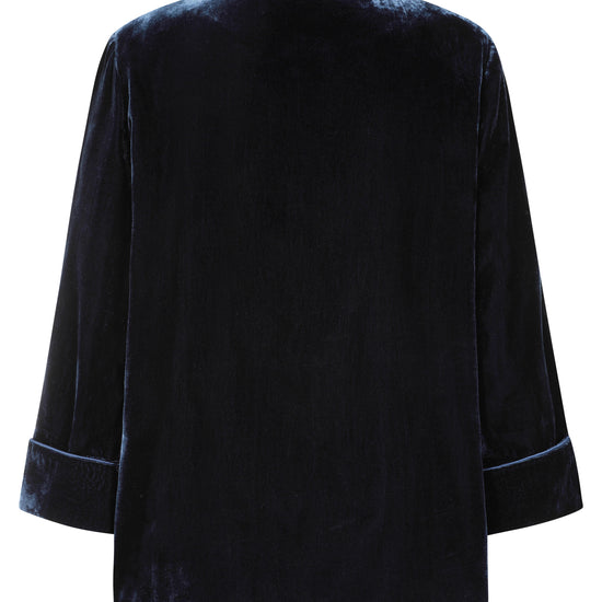 Rear view of navy velvet blazer