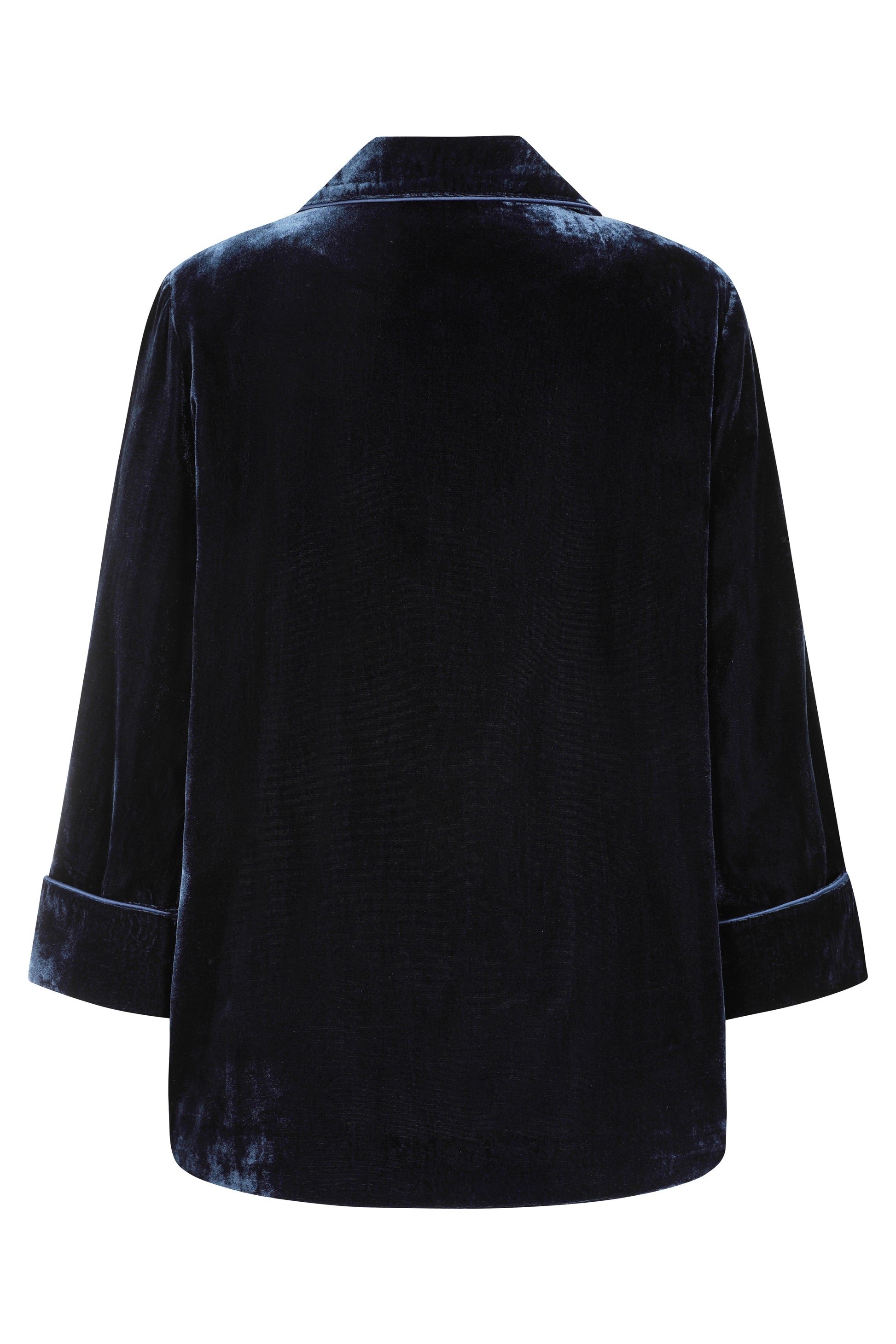 Rear view of navy velvet blazer