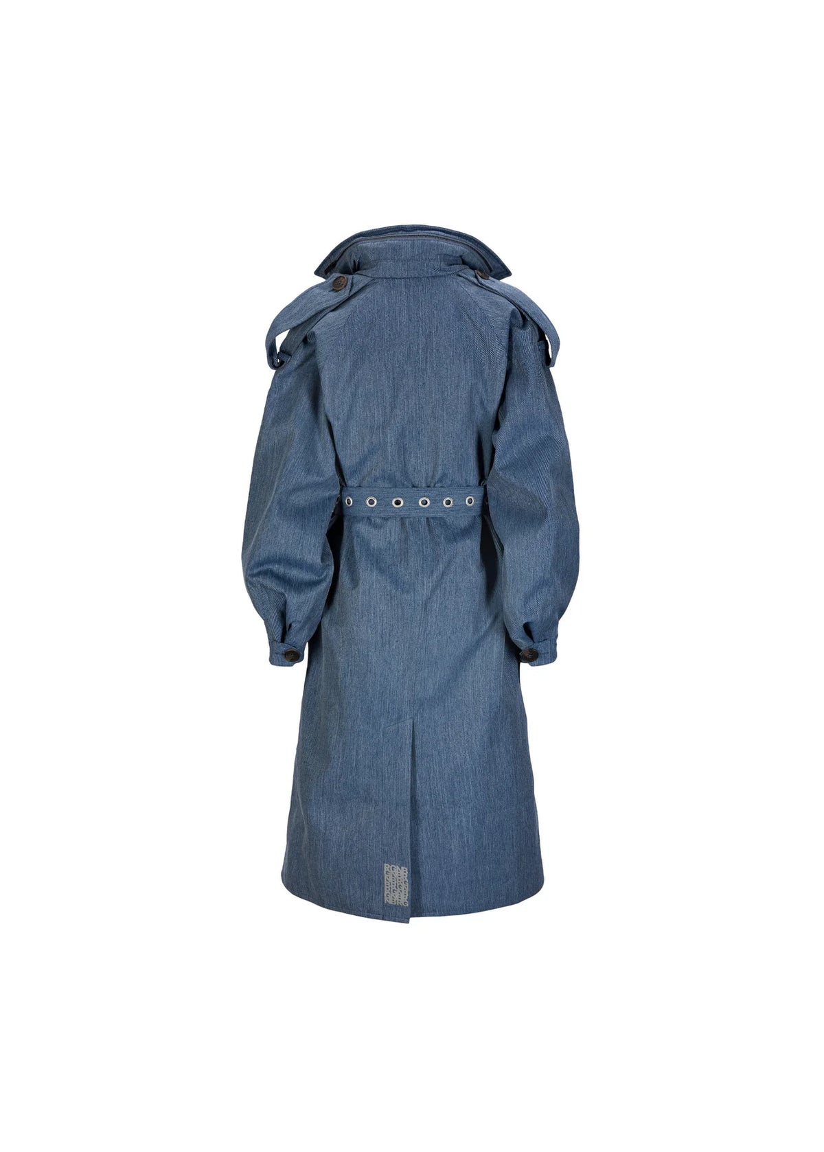 Denim blue waterproof trench coat with removable hood
