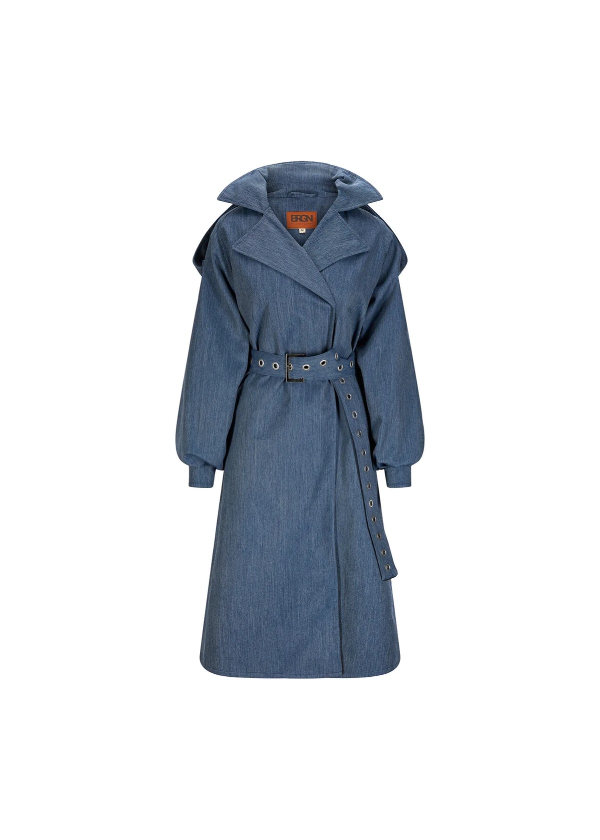 Denim blue waterproof trench coat with removable hood
