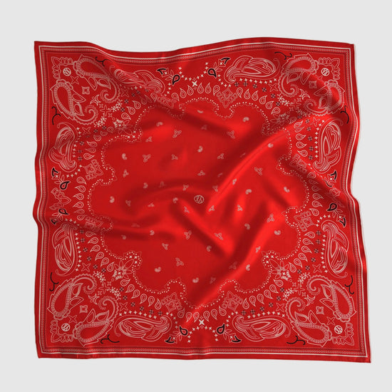red square silk scarf with paisley print from lescarf
