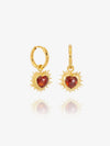 gold spiky heart shaped charm earrings with red stone and huggie hoops from rachel jackson