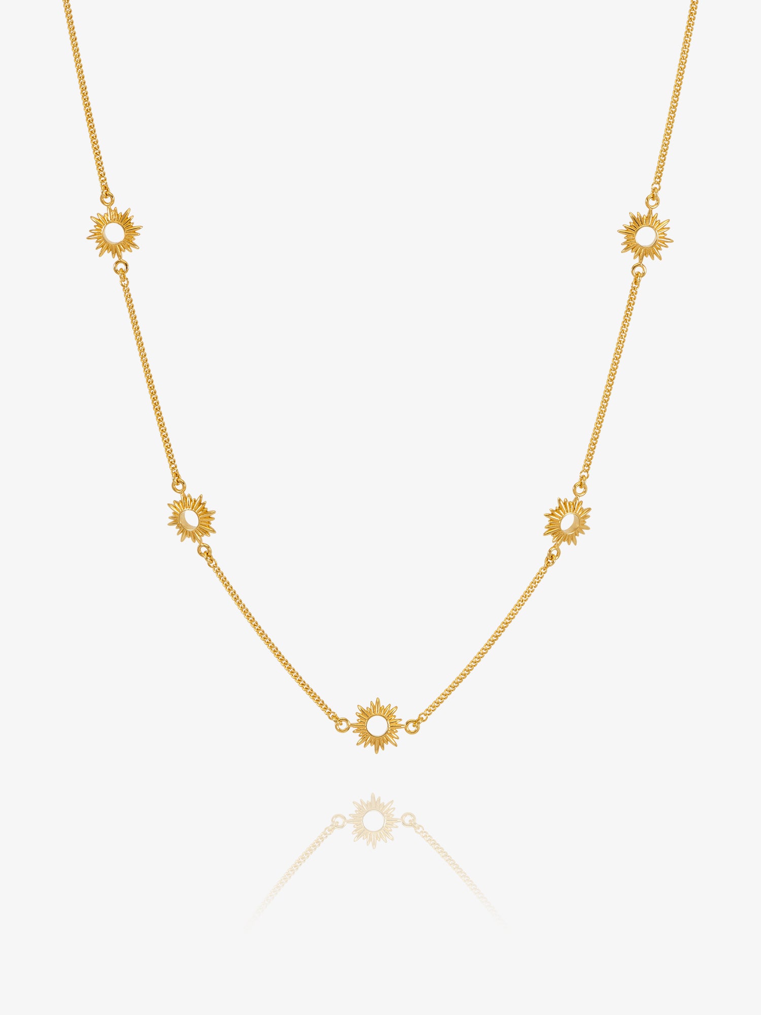 gold necklace with sunshines along the chain from rachel jackson