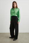 Elias Shirt Basil Stripe shown tucked in trousers and shoes